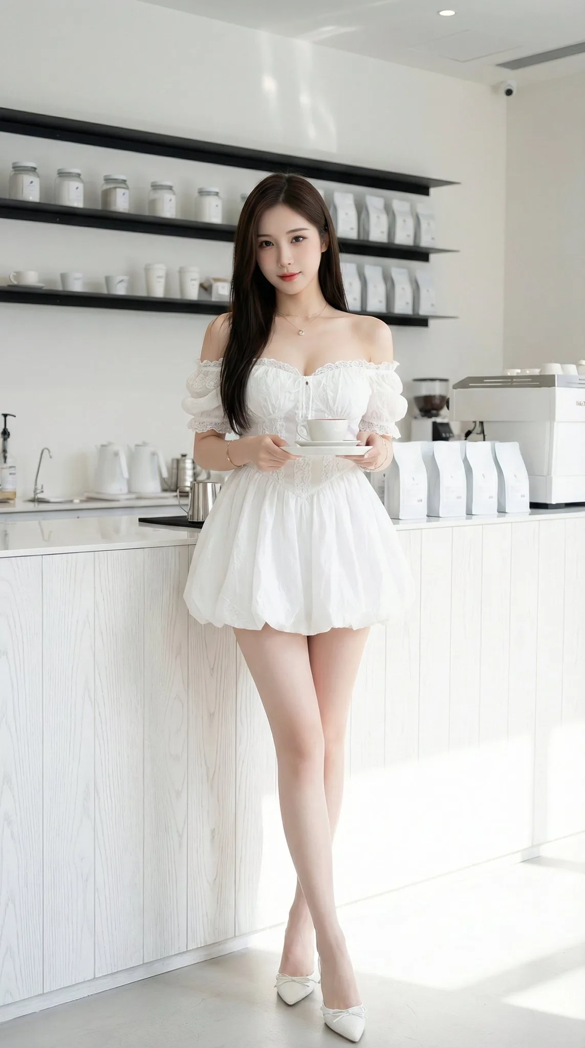 สาวเอเชียผมหน้าม้าบางเบาในชุดเทาหรูหรา 1