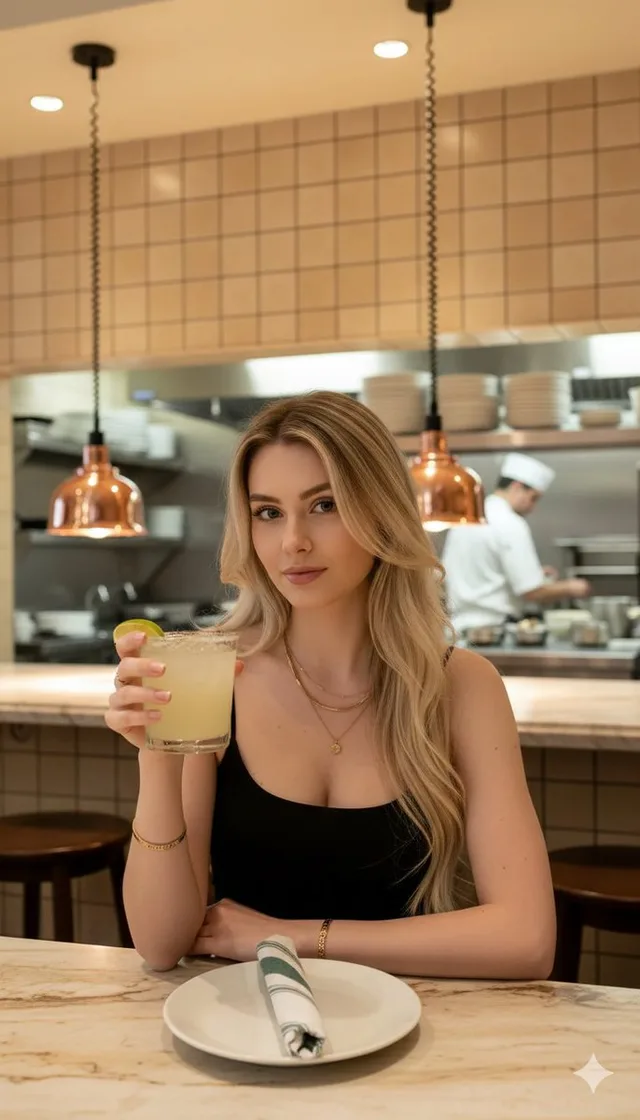 หญิงสาวผมบลอนด์กับโคมไฟทองแดงในครัวร้านอาหาร