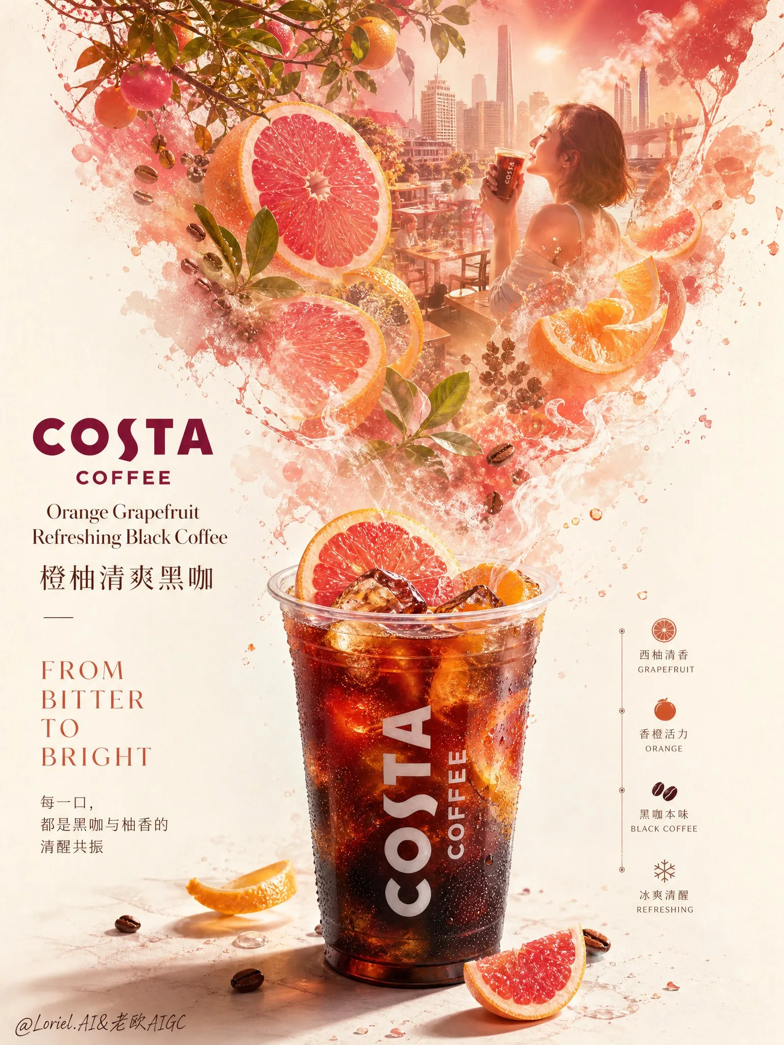 โปสเตอร์กาแฟดำส้มโอ COSTA: เรื่องเล่าความสดชื่น 1