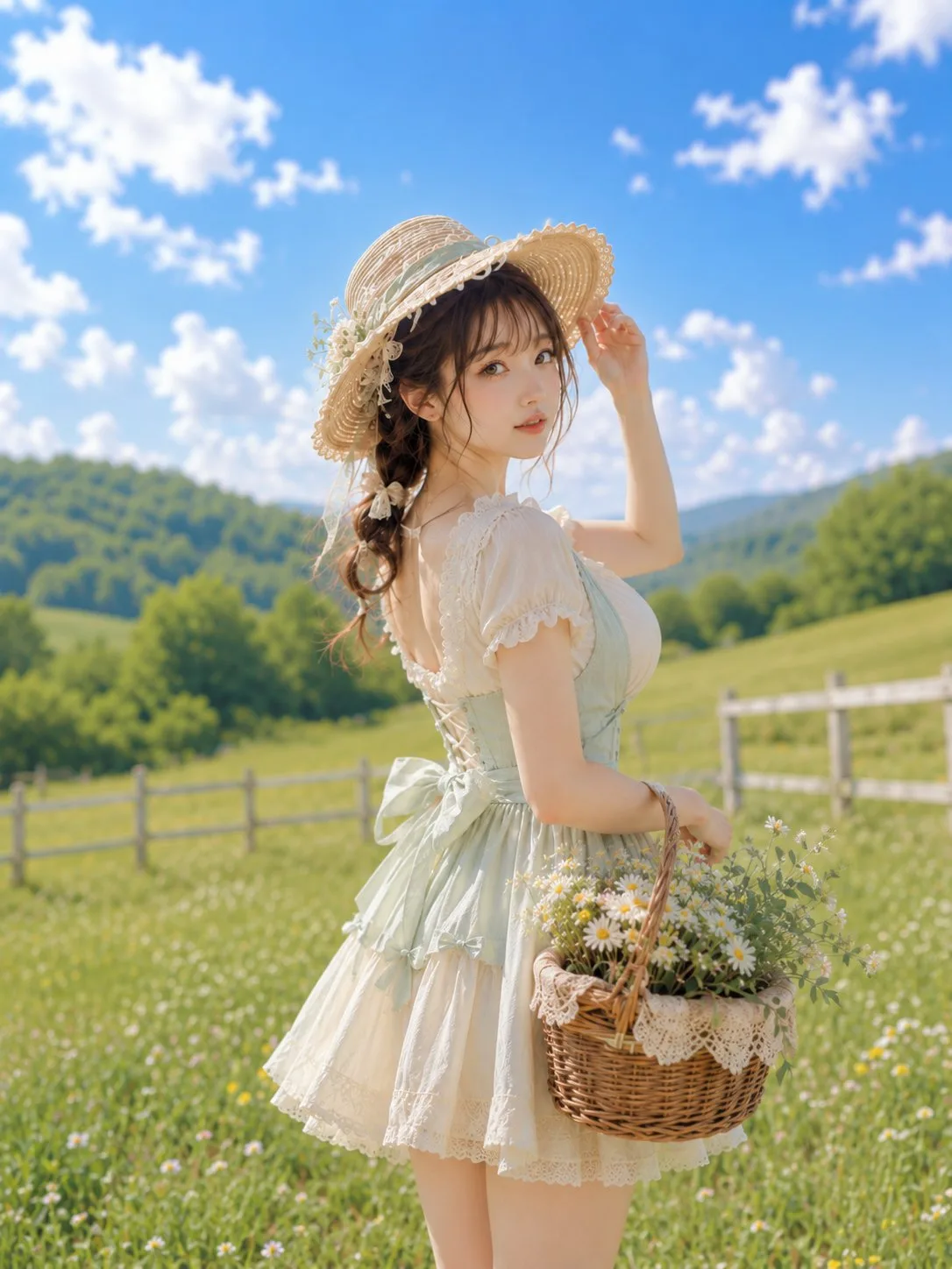 สาวคอตเทจคอร์ในทุ่งหญ้ากับดอกไม้สีขาว 1
