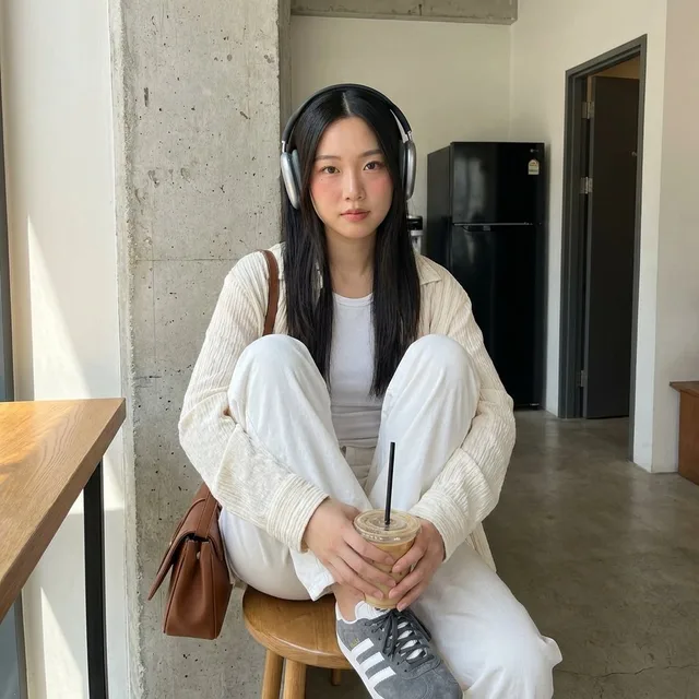 หญิงสาวนั่งฟังเพลงริมหน้าต่างในบ่ายวันสบาย