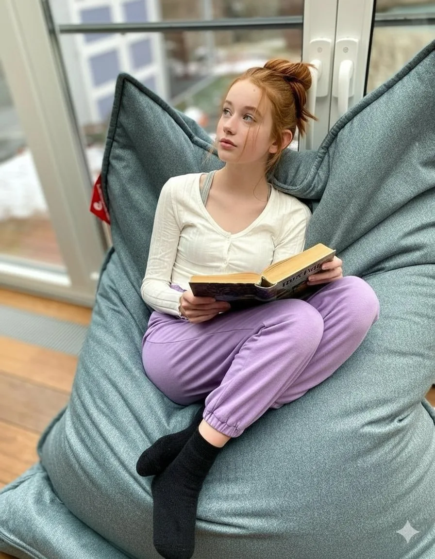 สาวผมแดงกับหนังสือในโซฟาขี้เกียจ ฤดูหนาว 1