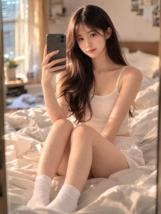 สาวจีนเซลฟี่ในห้องนอนสุดอบอุ่น