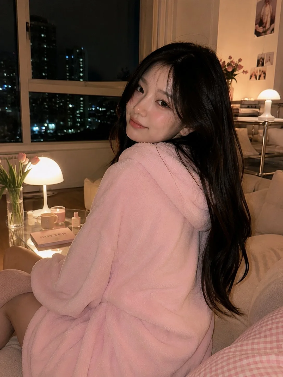 สาวเกาหลีชุดฮู้ดชมพูในห้องนั่งเล่นแสนอบอุ่น 1