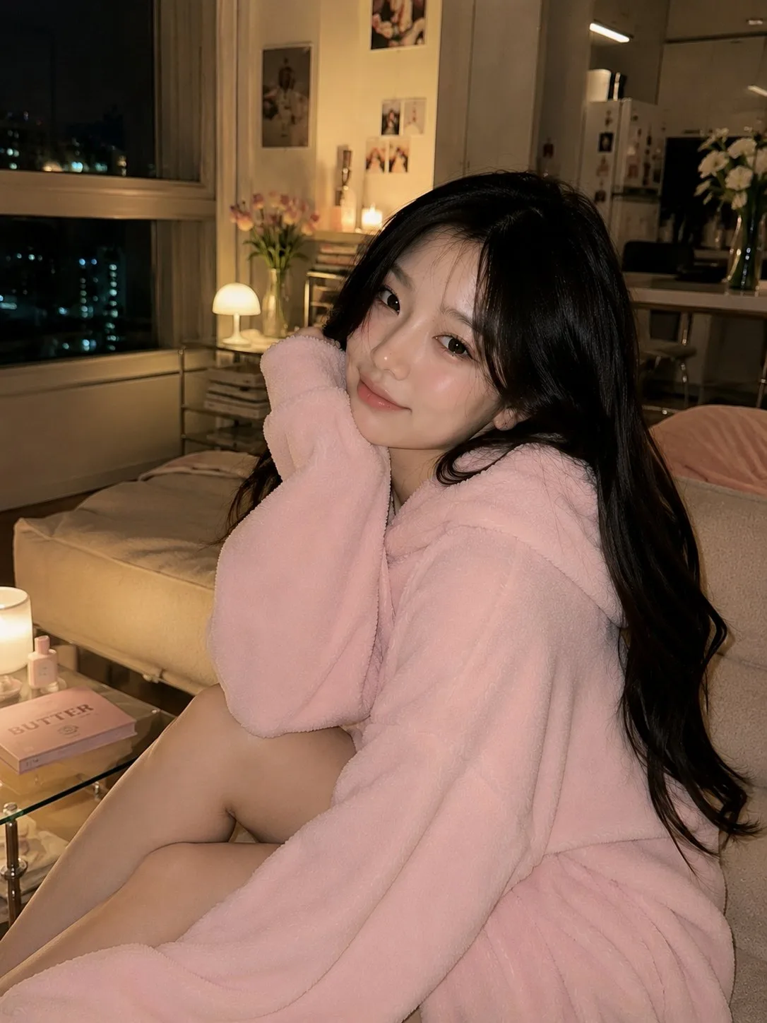 สาวเกาหลีชุดฮู้ดชมพูในห้องนั่งเล่นแสนอบอุ่น 2