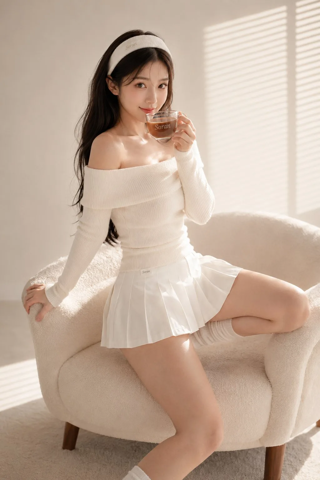 สาวเอเชียในชุดขาวสไตล์ครีม นั่งเก้าอี้ขนแกะ 1
