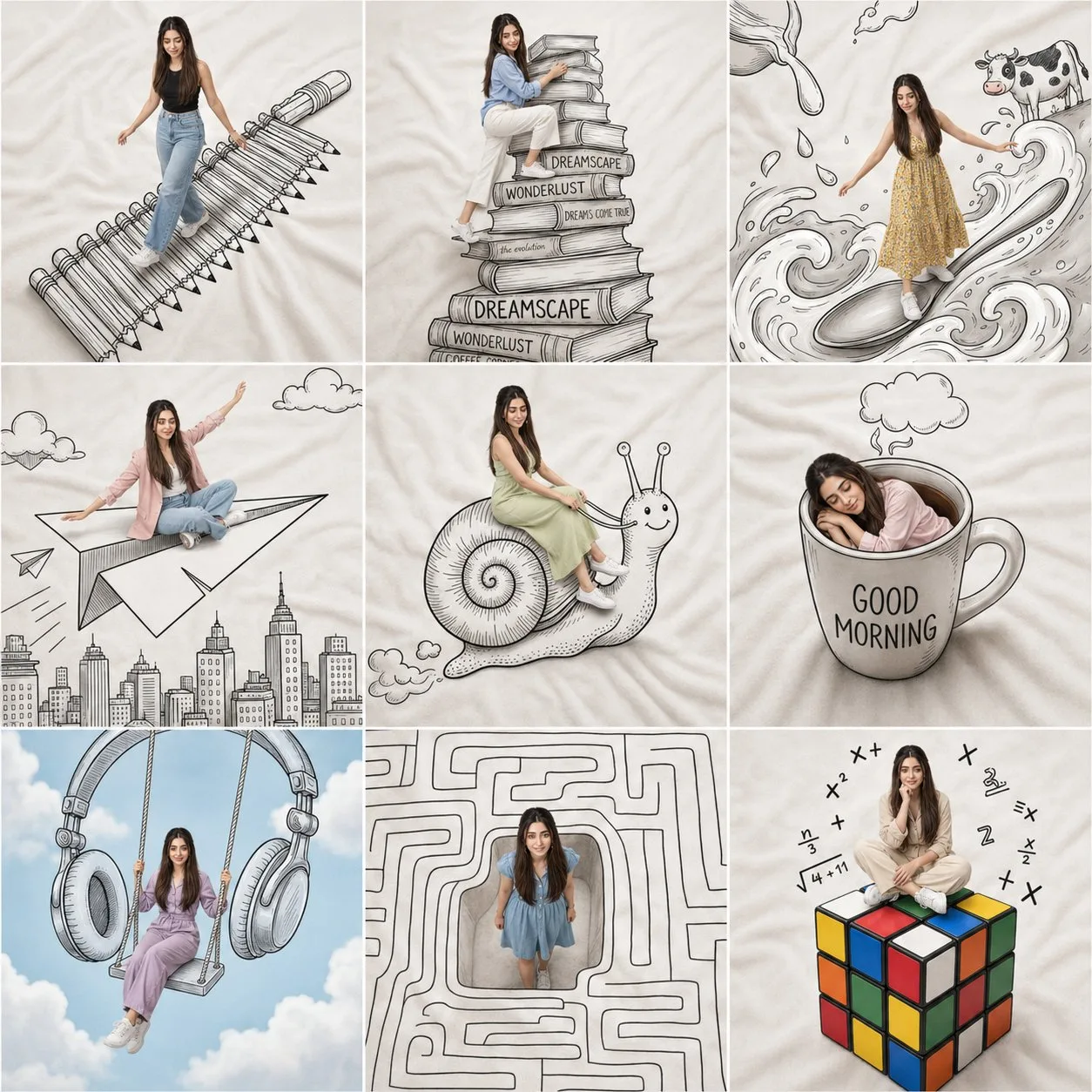 คอลลาจภาพผู้หญิง 9 ช่อง: เสมือนจริงกับภาพวาดแฟนตาซี 1