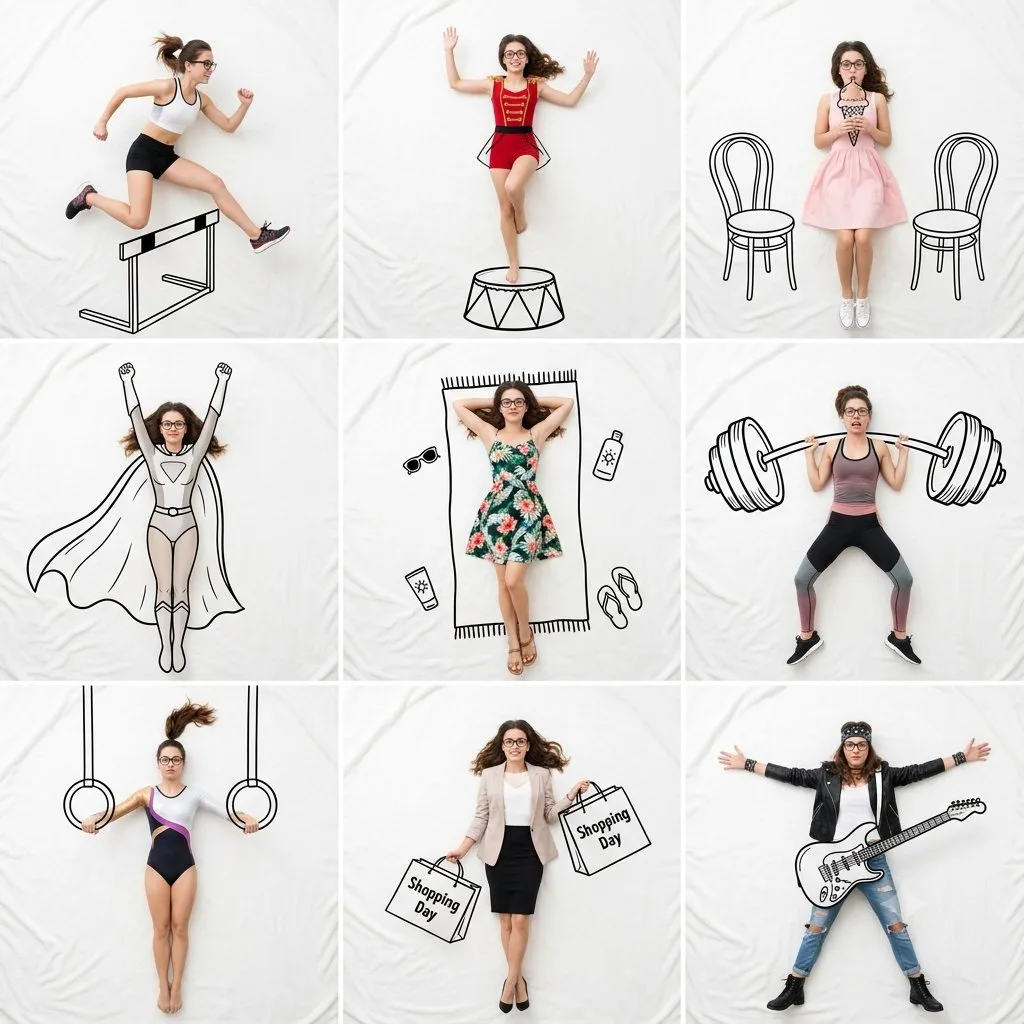 ภาพคอลลาจหญิงสาวกับ Doodle การ์ตูนบนผ้าห่มขาว 1