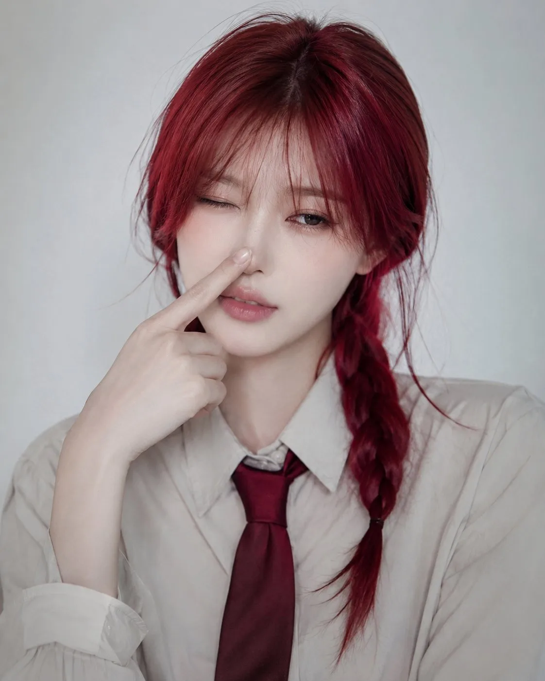 สาวออฟฟิศผมแดงถักเปียขยิบตาอย่างมั่นใจ 1