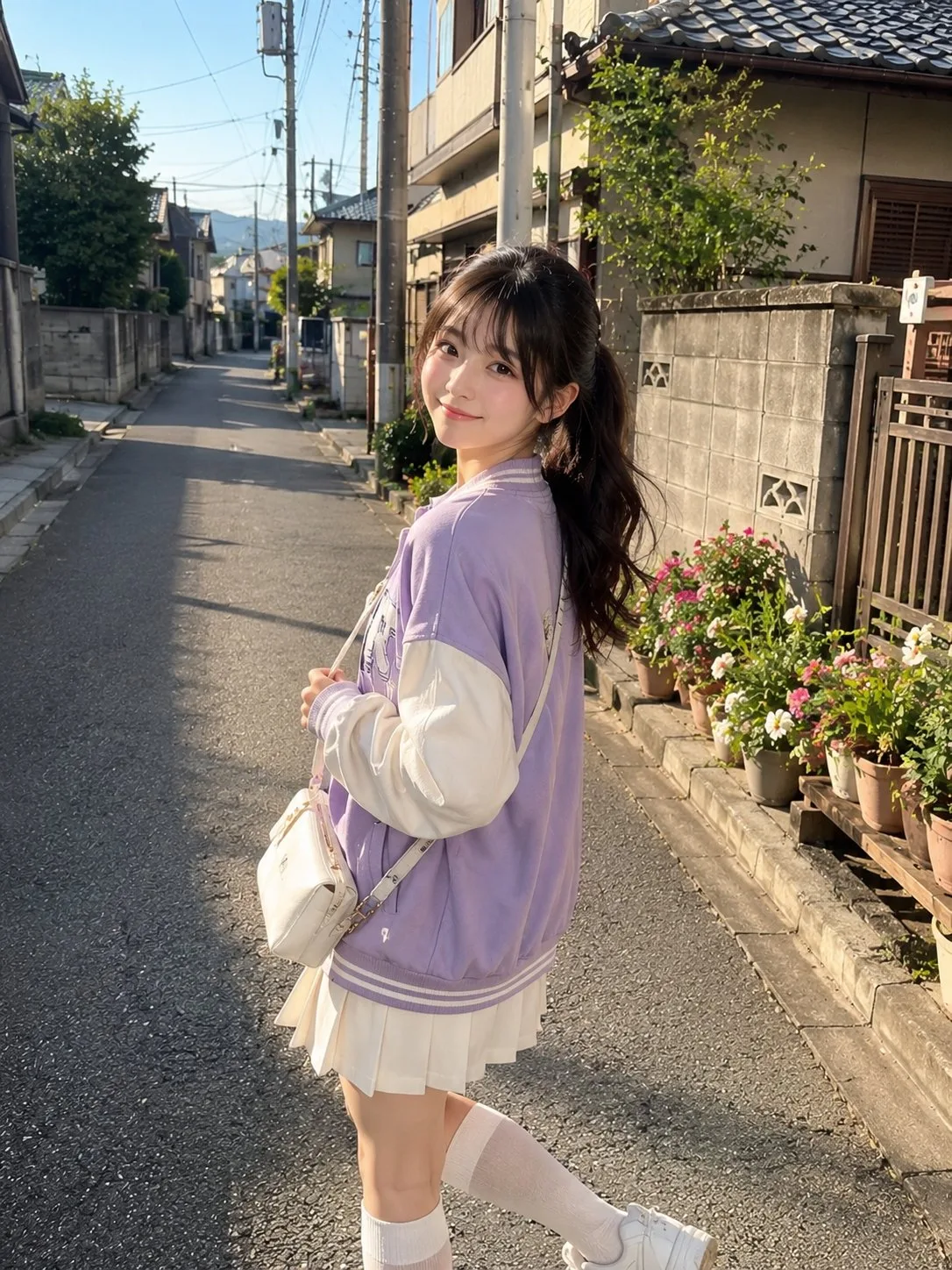 สาวญี่ปุ่นน่ารักในแจ็คเก็ตสีลาเวนเดอร์และรอยยิ้มสดใส 1