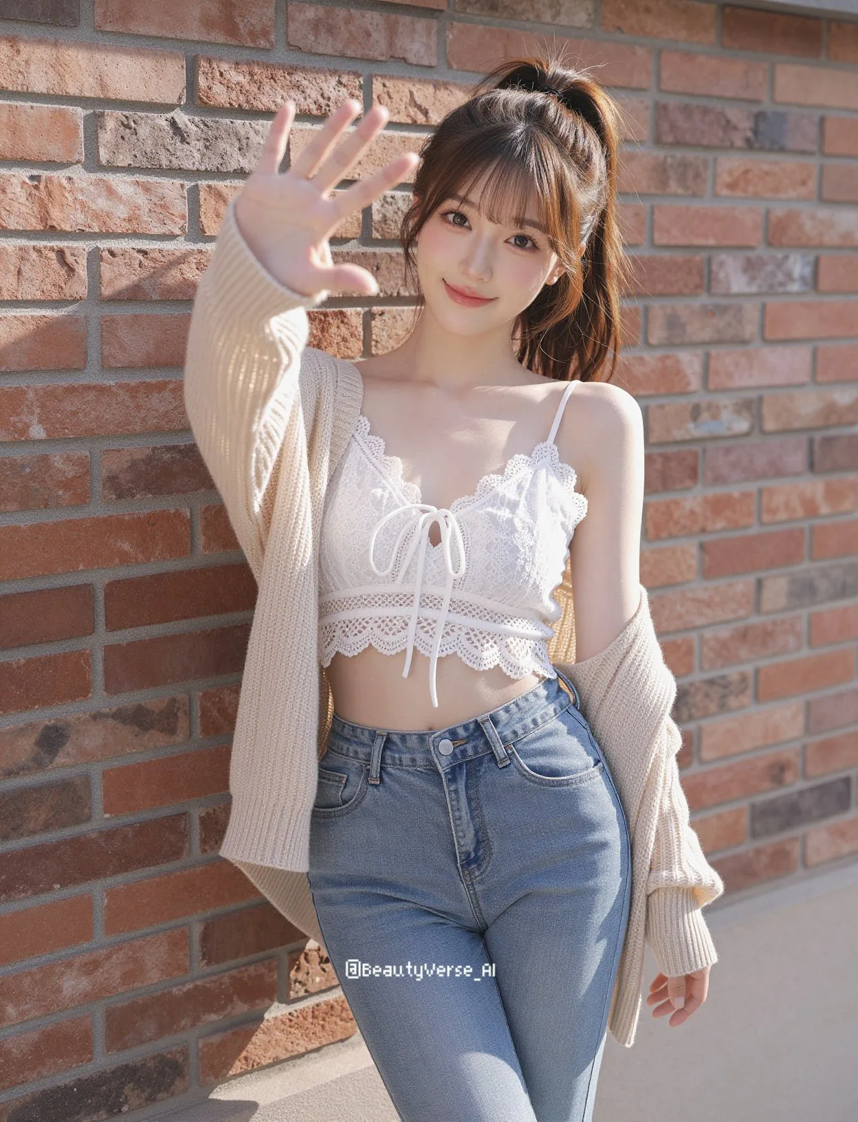 สาวญี่ปุ่นน่ารักริมกำแพงอิฐแดง แดดจัด 1
