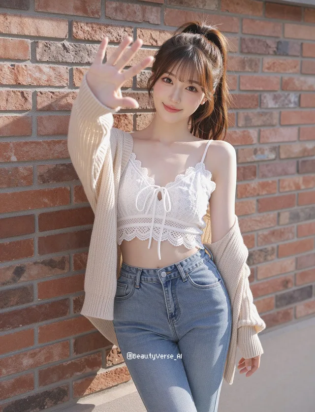 สาวญี่ปุ่นน่ารักริมกำแพงอิฐแดง แดดจัด