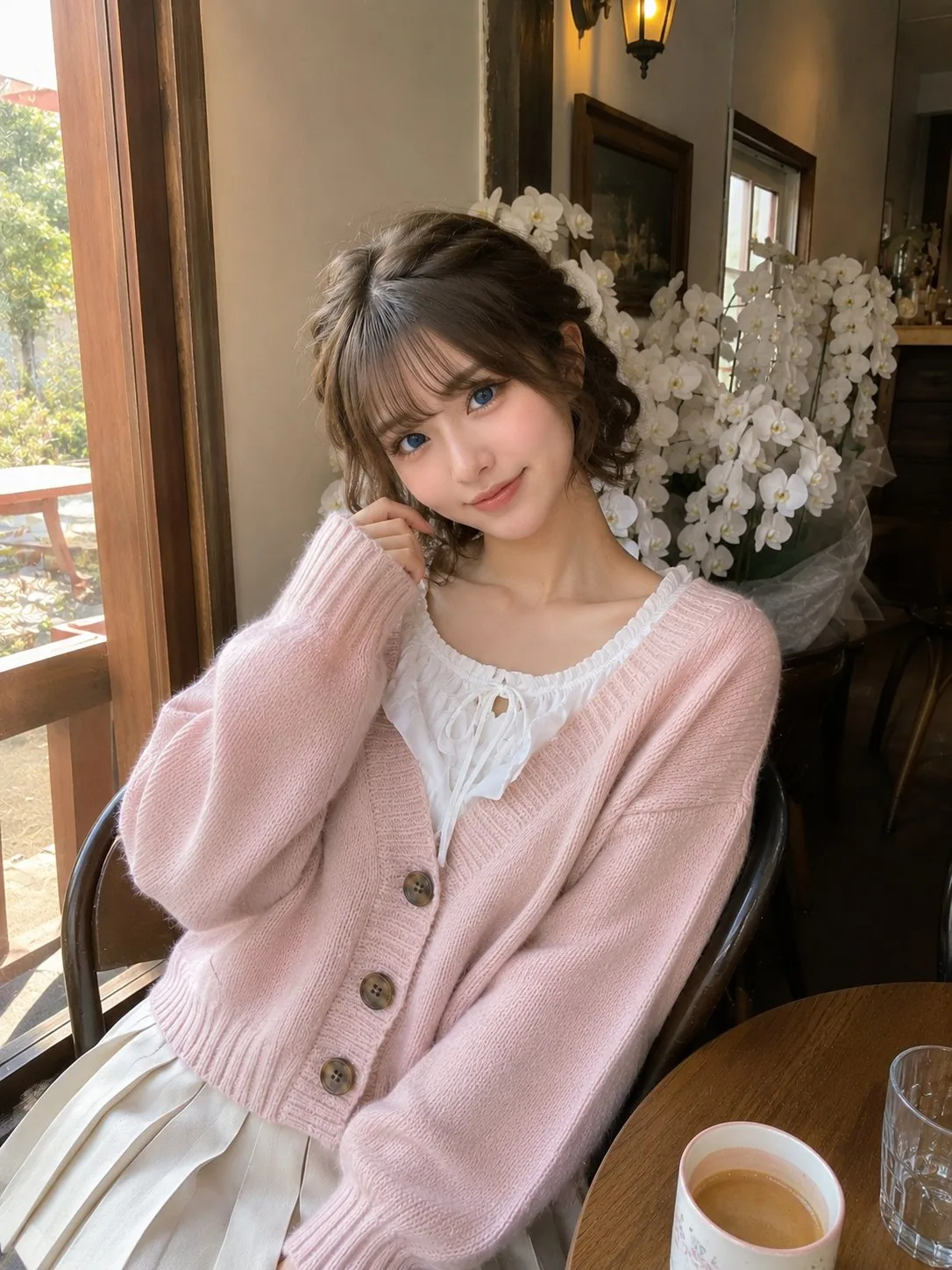 สาวหวานชุดชมพูในคาเฟ่: ถ่ายรูปเซลฟี่ทำมือรูปหัวใจ 1