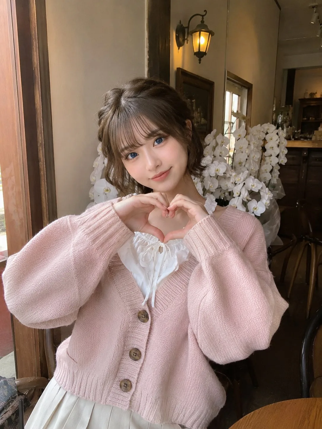 สาวหวานชุดชมพูในคาเฟ่: ถ่ายรูปเซลฟี่ทำมือรูปหัวใจ 2