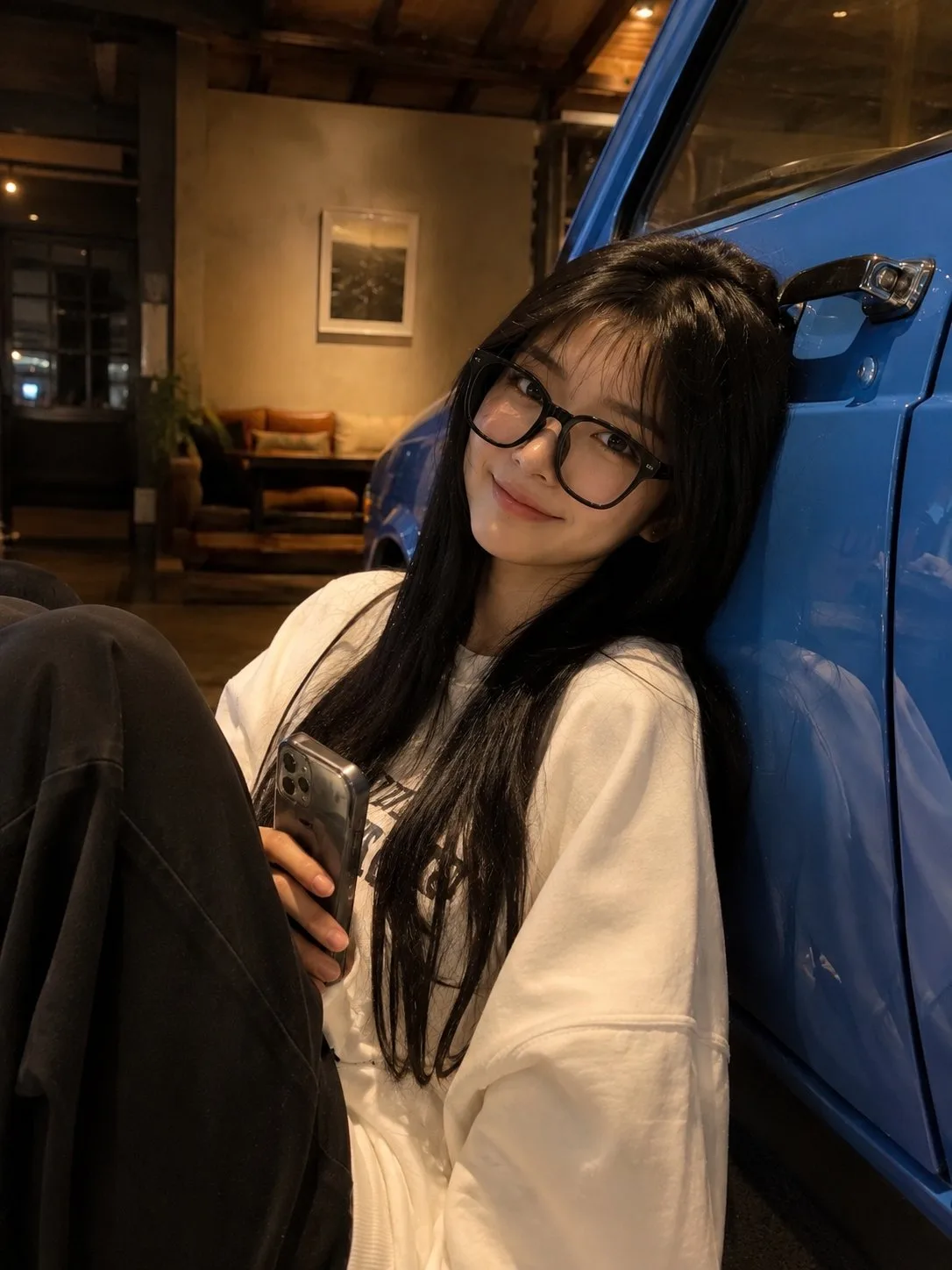 สาวผมดำเสื้อฮู้ดครีม สตรีทสไตล์เกาหลี สุดชิลล์ 1