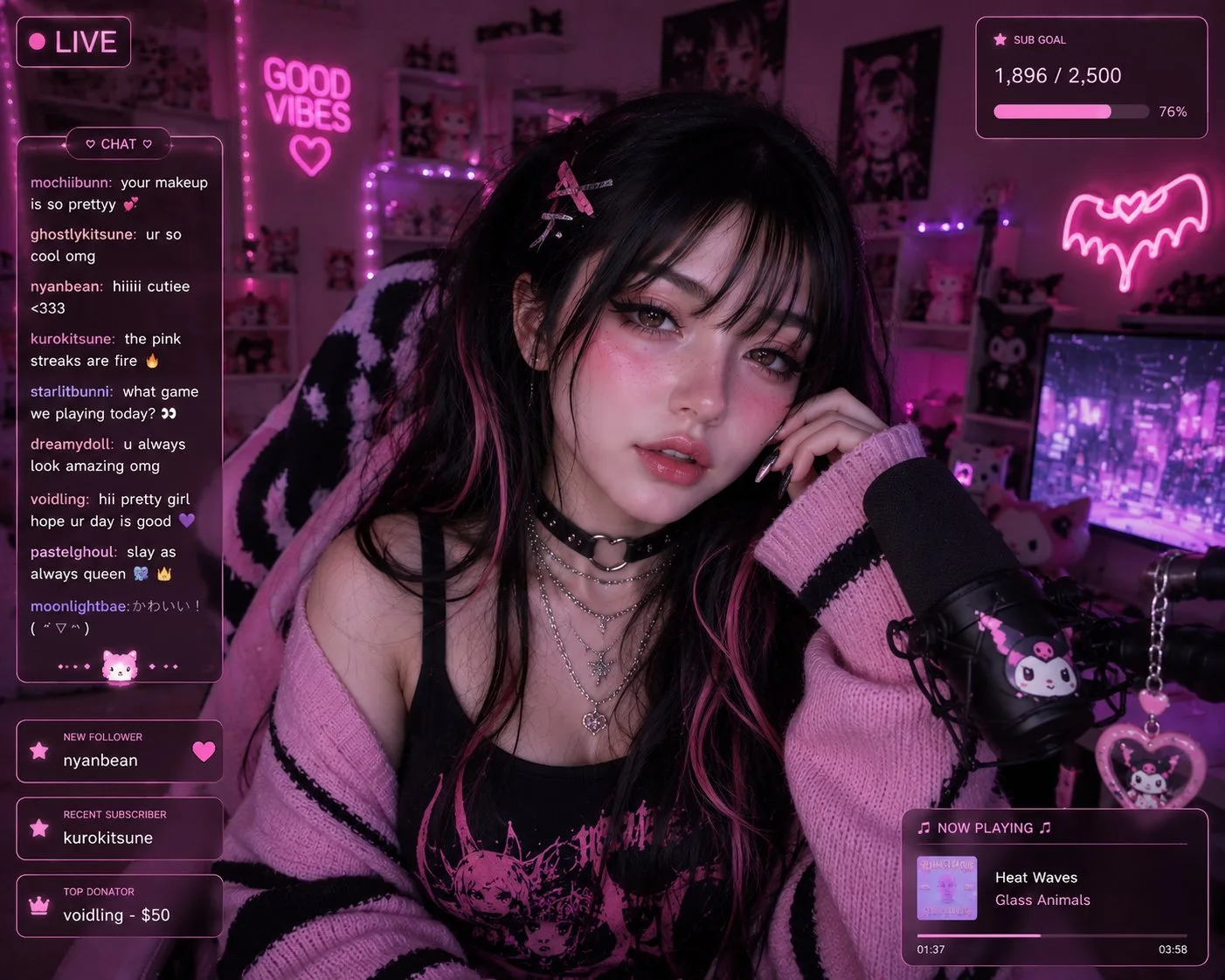 สาวเกมเมอร์ไซเบอร์พังก์ นีออนชมพู สตรีมสด 1
