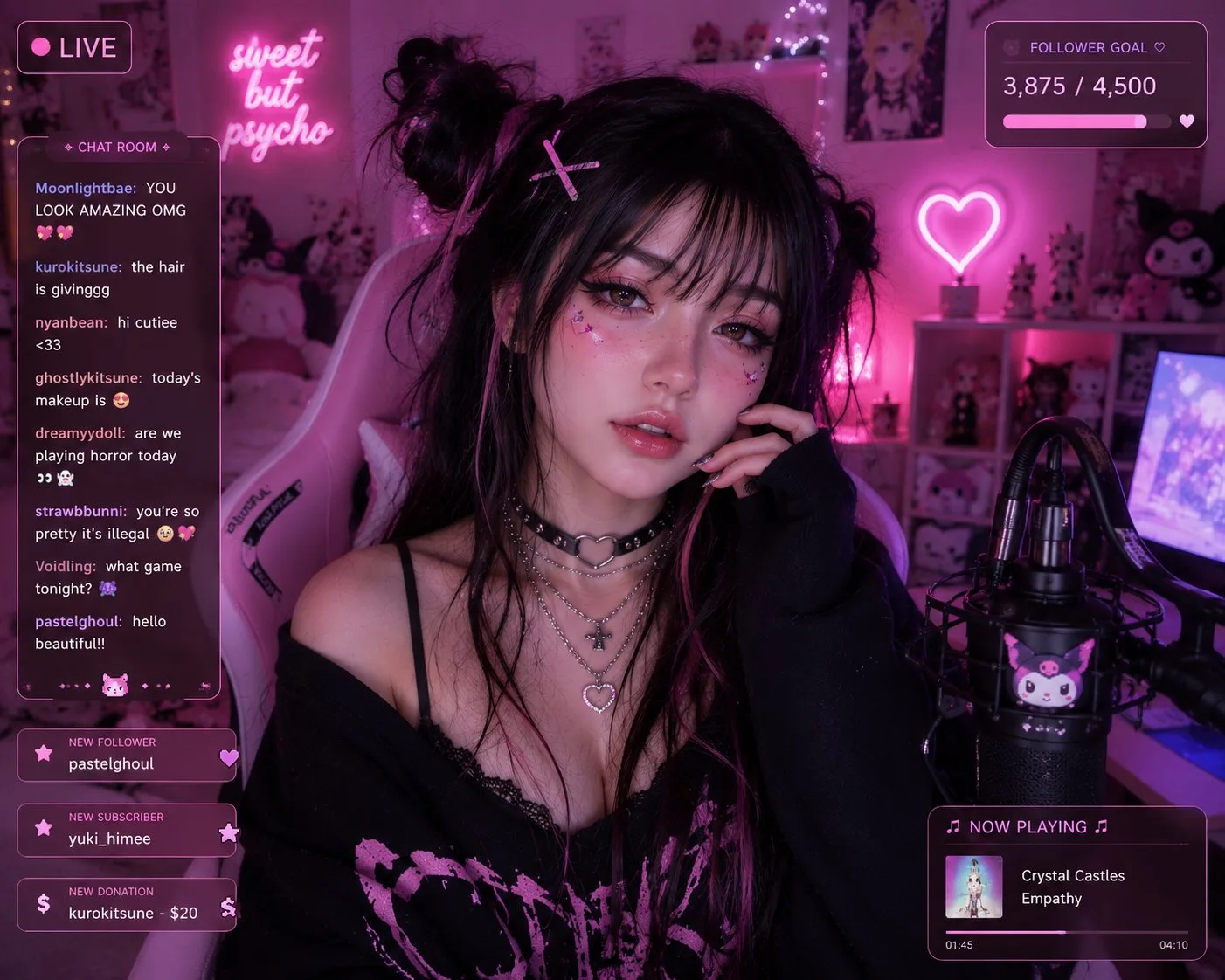 สาวเกมเมอร์ไซเบอร์พังก์ นีออนชมพู สตรีมสด 2