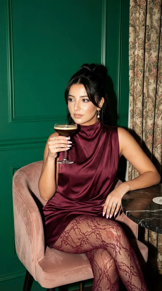 หรูหราคลาสสิค: แสงแฟลชตรงกับสาวสวยชุดแดงในบาร์