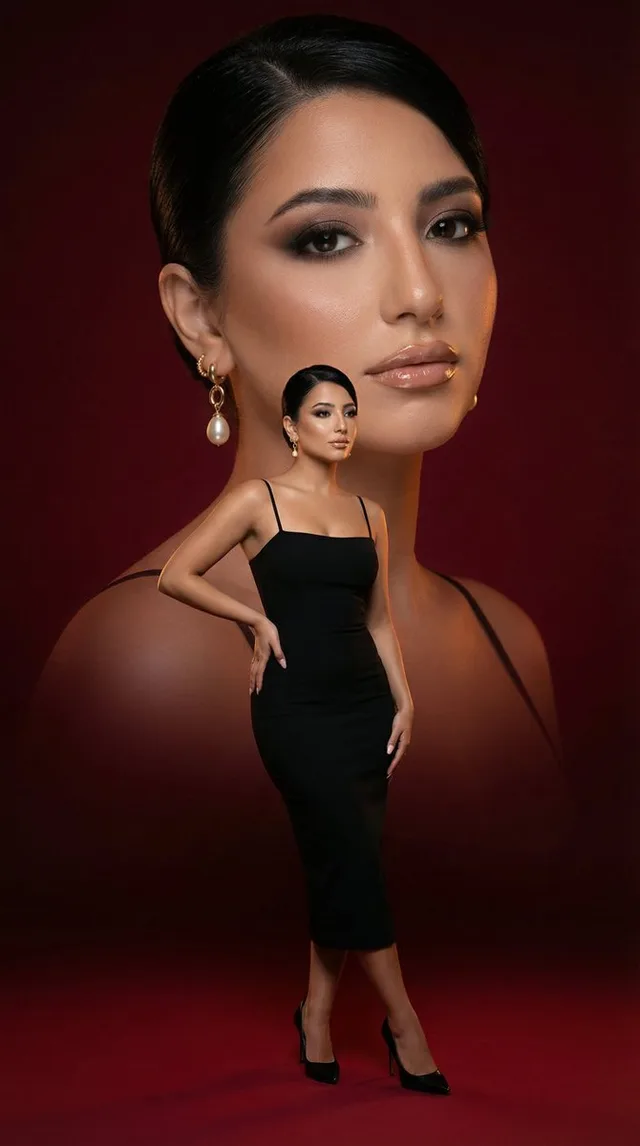 ภาพแฟชั่นหรูหรา: ใบหน้าคู่โทนแดงเข้ม