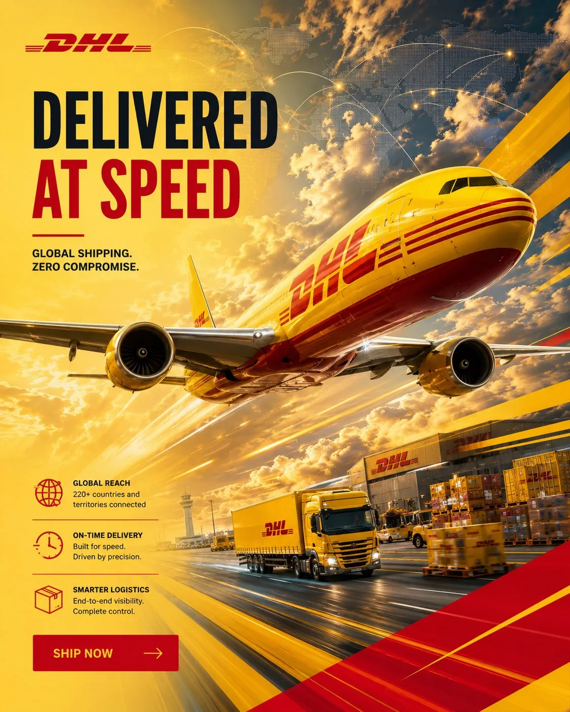 สร้างโปสเตอร์โฆษณา DHL ระดับพรีเมียม: ความเร็ว & ความน่าเชื่อถือทั่วโลก 1