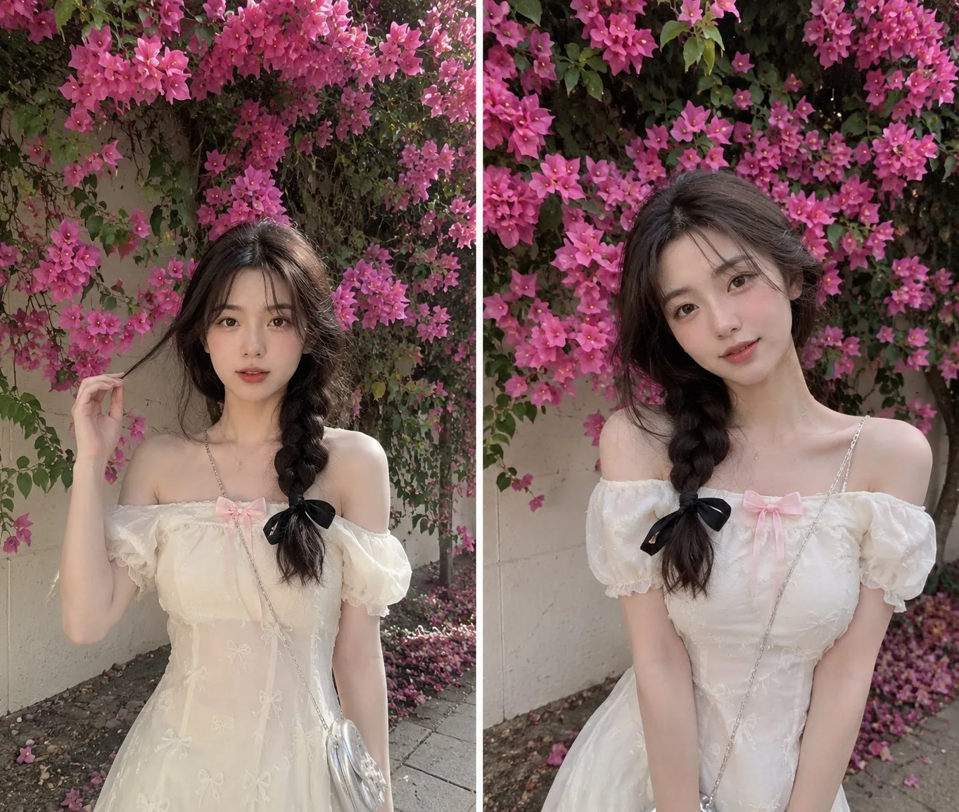 ภาพพอร์เทรตสาวงามกับกำแพงดอกเฟื่องฟ้าสีชมพู 1
