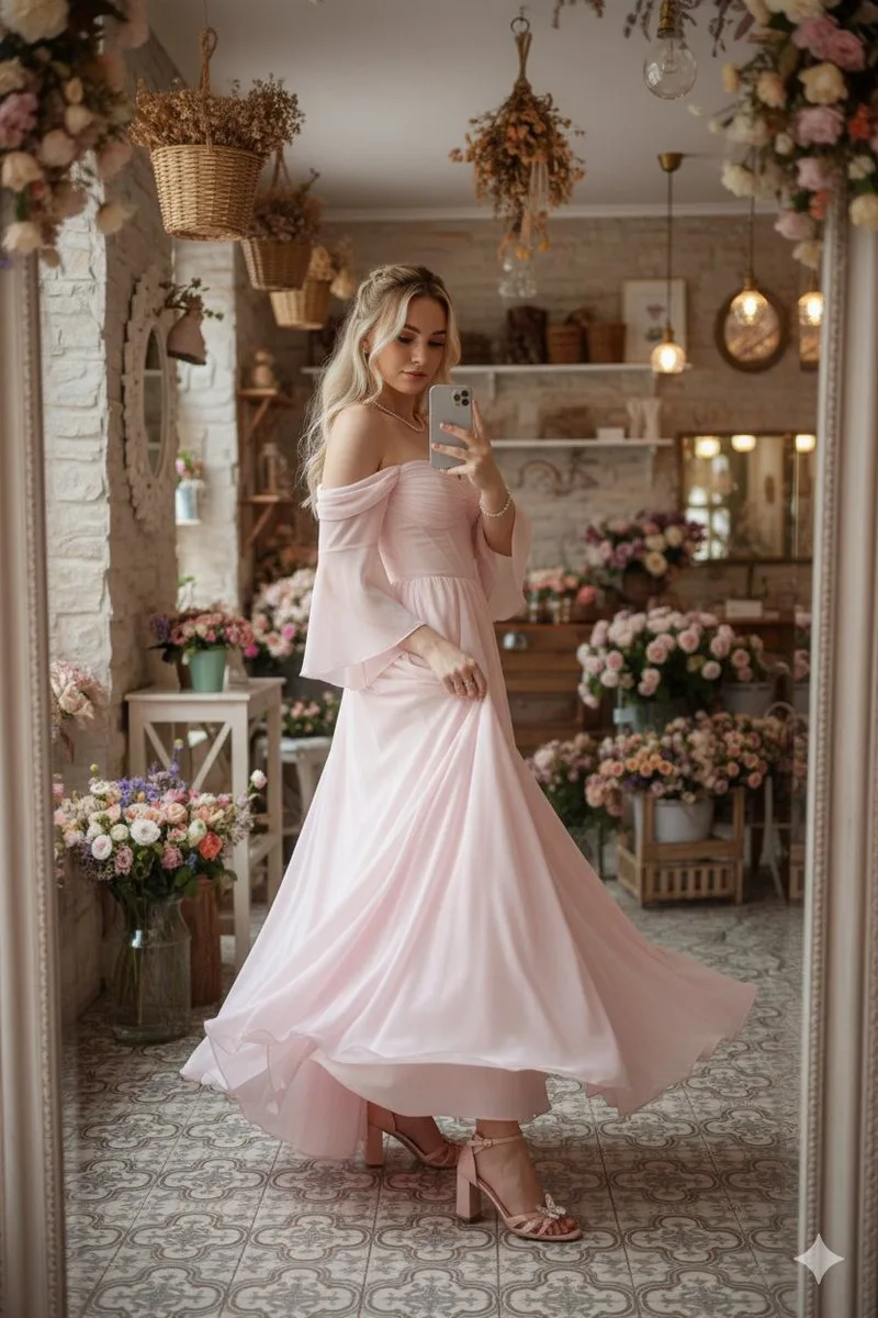 เซลฟี่กระจกในชุดเจ้าหญิงสีชมพูในคาเฟ่ดอกไม้ 1