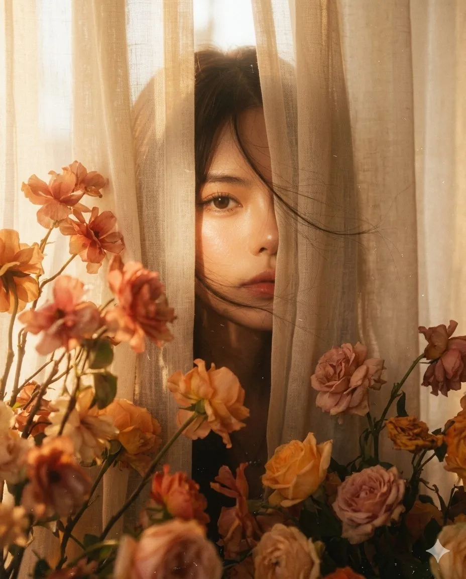 ภาพบุคคลความทรงจำควันหลงดอกไม้ในเงาผ้าม่าน 1