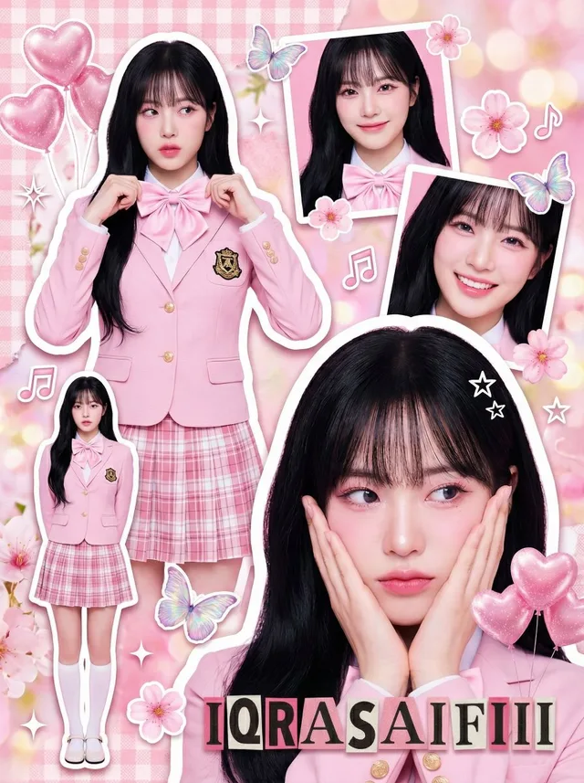 คอลลาจไอดอลสาวในชุดนักเรียนสีชมพูสุดฝัน