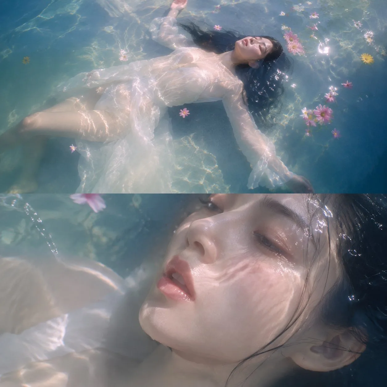 ภาพจริงใต้น้ำ: หญิงสาวในชุดขาว ดอกไม้โปรย 1