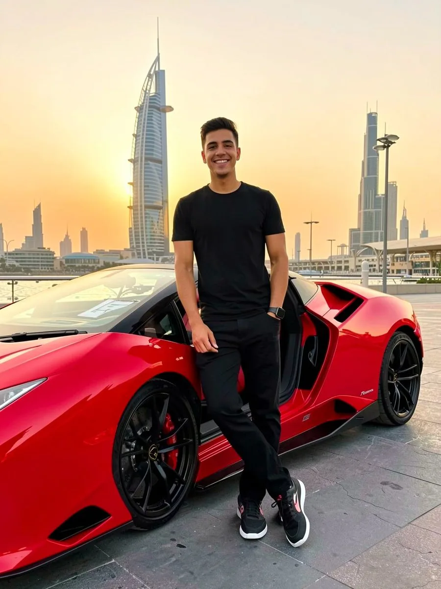 หนุ่มหล่อกับ Lamborghini สีแดงในดูไบยามอาทิตย์อัสดง 1