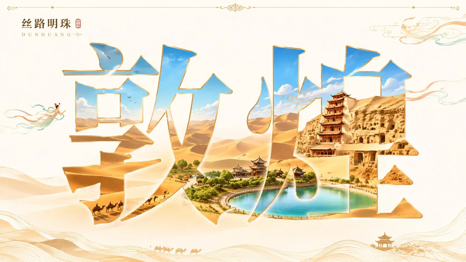 โปสเตอร์ทิวทัศน์เมืองในตัวอักษรจีน 'ตุนหวง' 1
