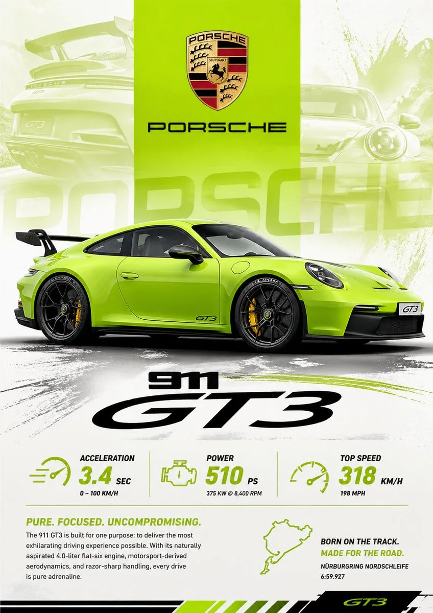 โปสเตอร์ Porsche 911 GT3 สีเขียวมะนาวสุดไดนามิก 1