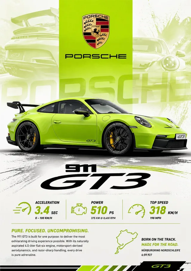 โปสเตอร์ Porsche 911 GT3 สีเขียวมะนาวสุดไดนามิก