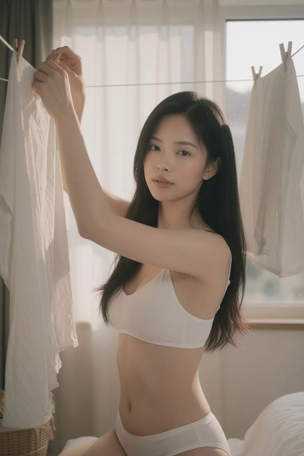 ผู้หญิงเอเชียกำลังตากผ้าในห้องนอน 1