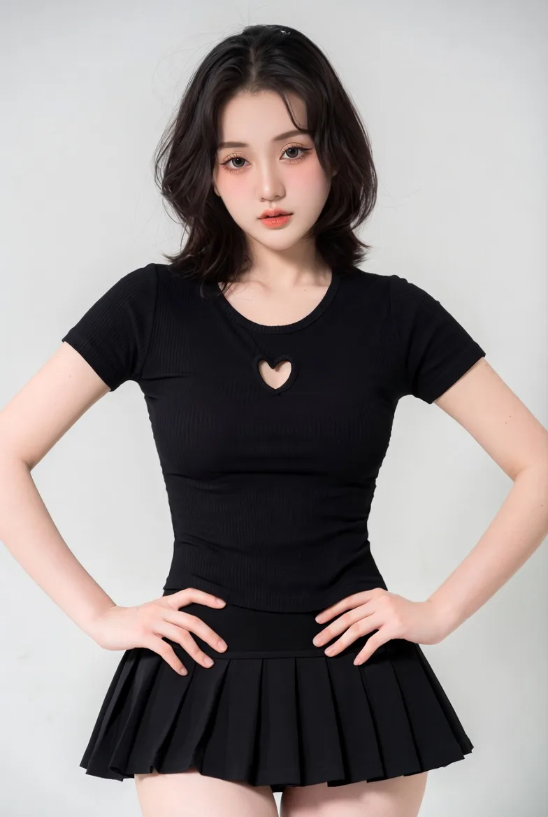 สาวเอเชียในชุดเสื้อดำซีทรูและกระโปรงพลีท 1