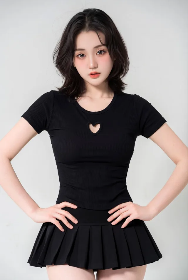 สาวเอเชียในชุดเสื้อดำซีทรูและกระโปรงพลีท