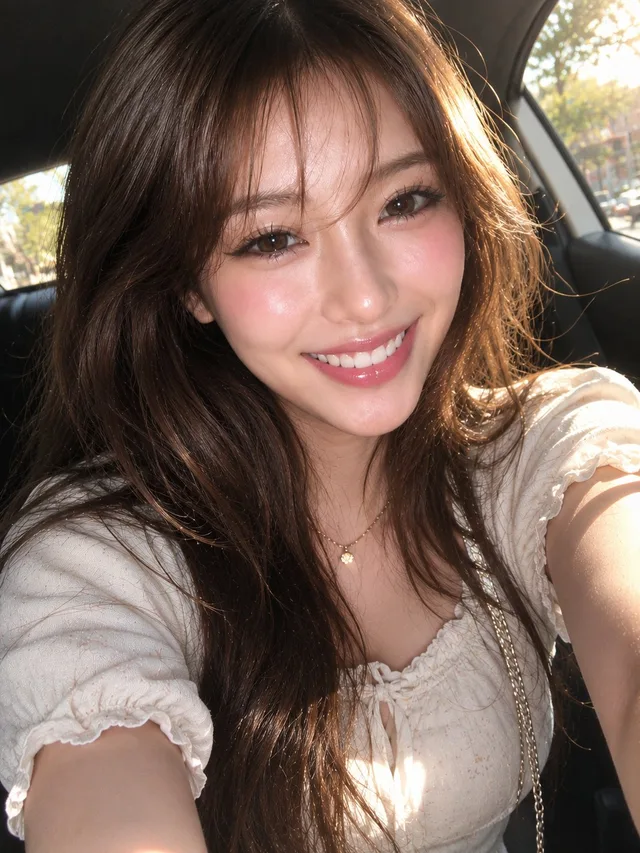 เซลฟี่สาวเอเชียในรถหรูยามแสงทอง