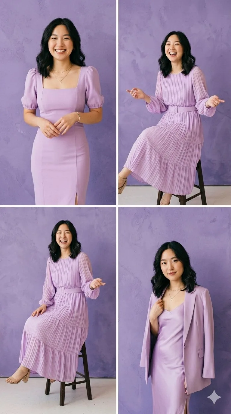คอลลาจแฟชั่นหญิงสาวเอเชียในชุดโทนม่วงลาเวนเดอร์ 1
