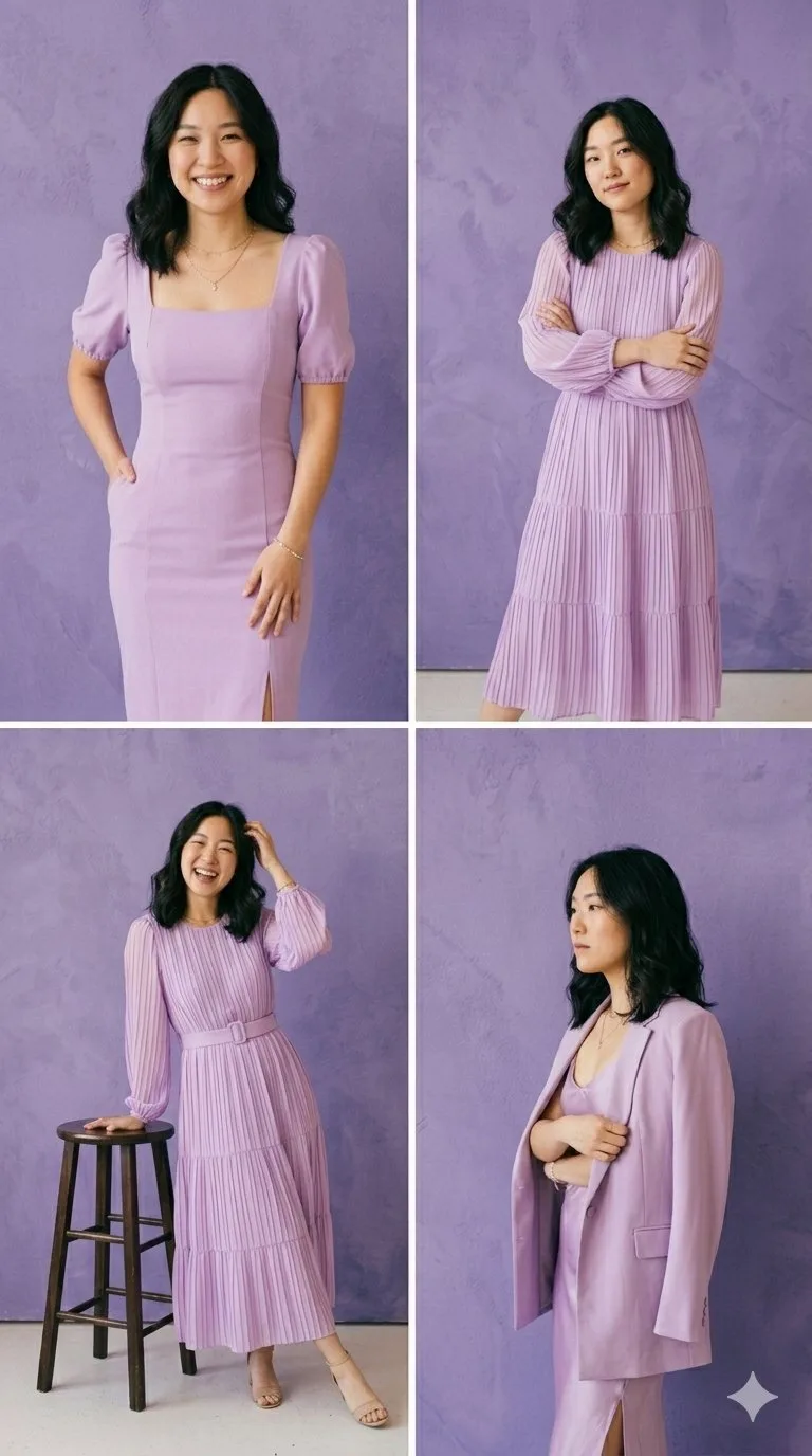 คอลลาจแฟชั่นหญิงสาวเอเชียในชุดโทนม่วงลาเวนเดอร์ 2