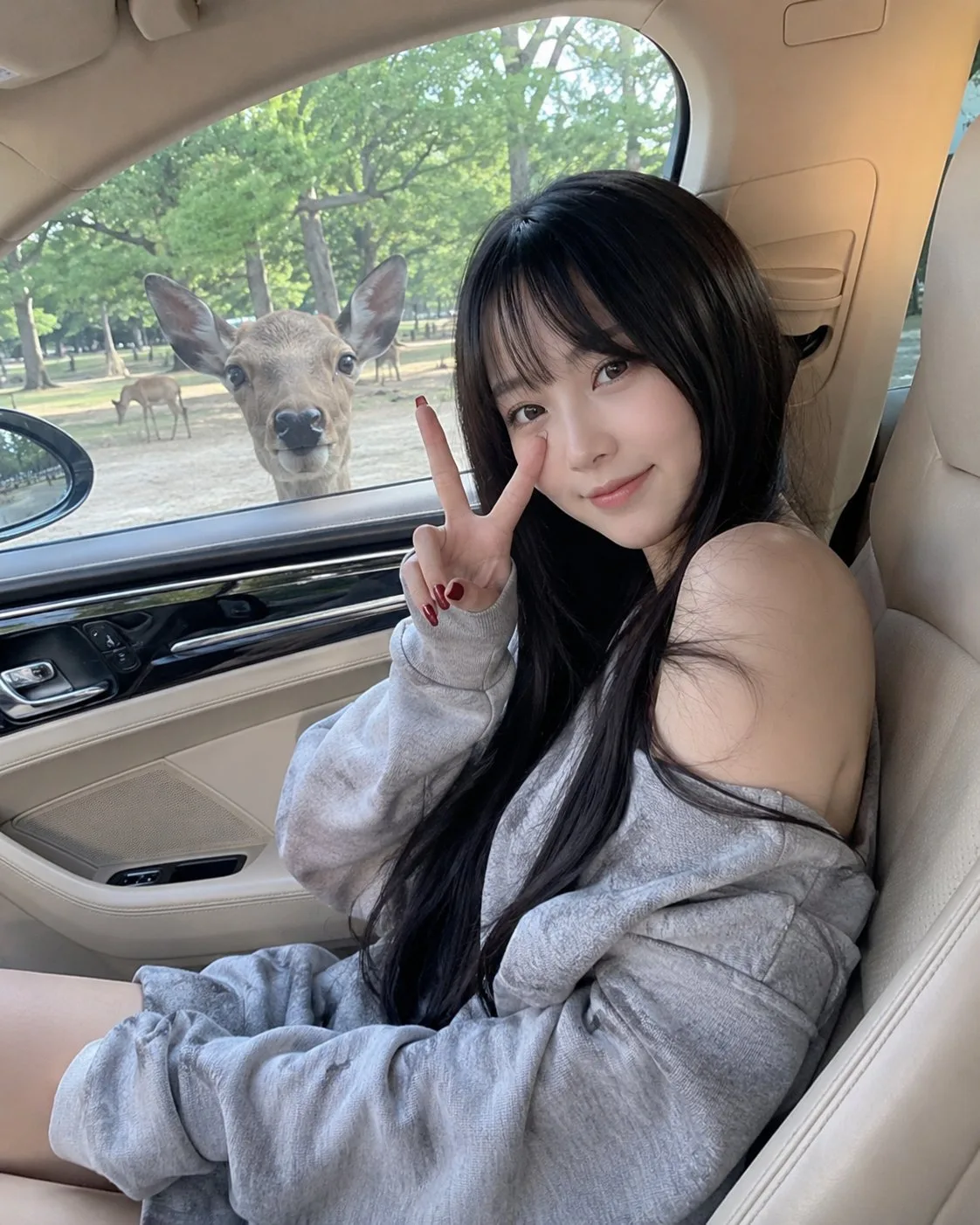 สาวเอเชียในรถหรู กับกวางน้อยหน้าต่าง 1