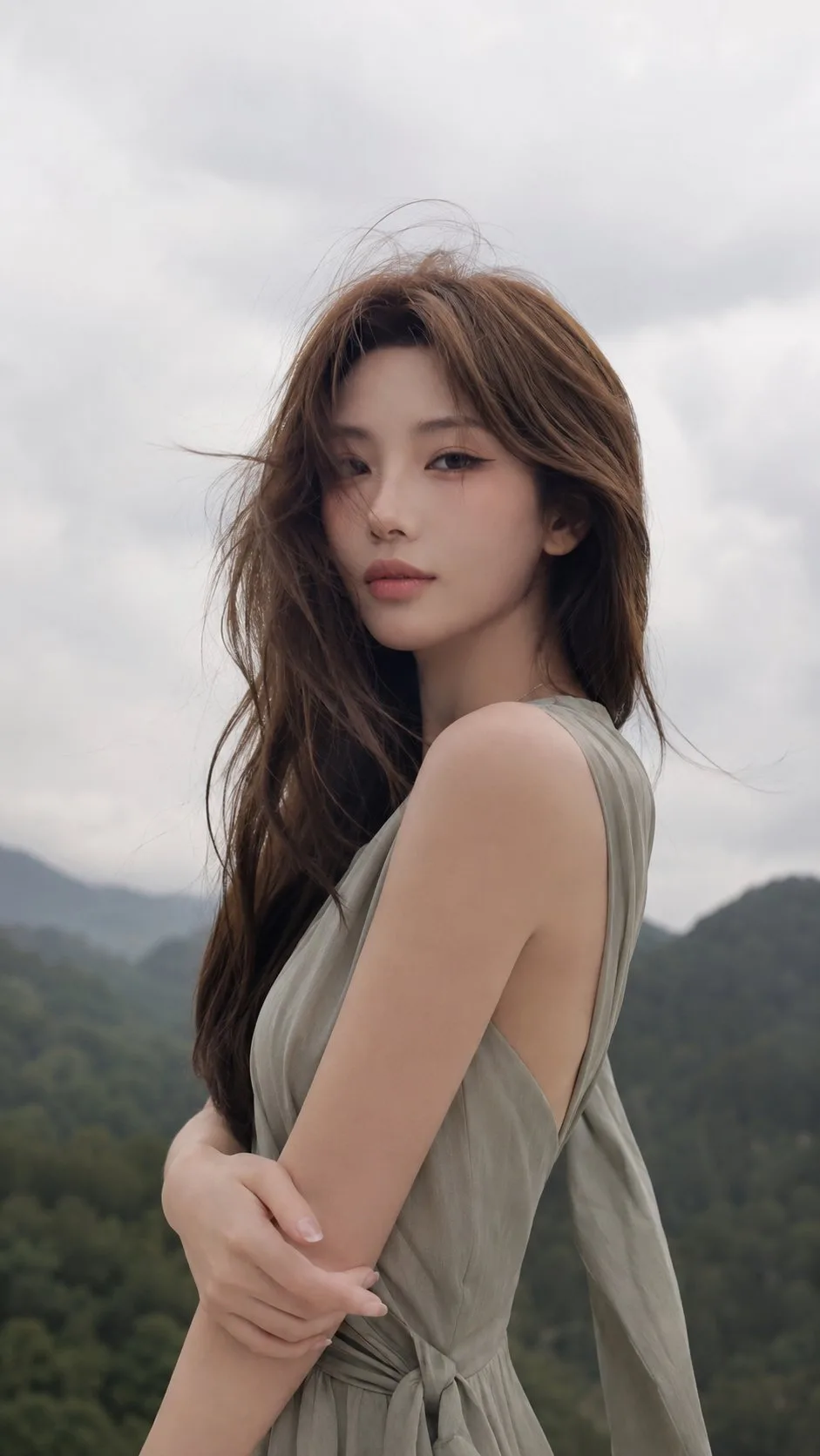 สาวเอเชียในชุดเดรสเขียวหม่น บนภูเขา 1