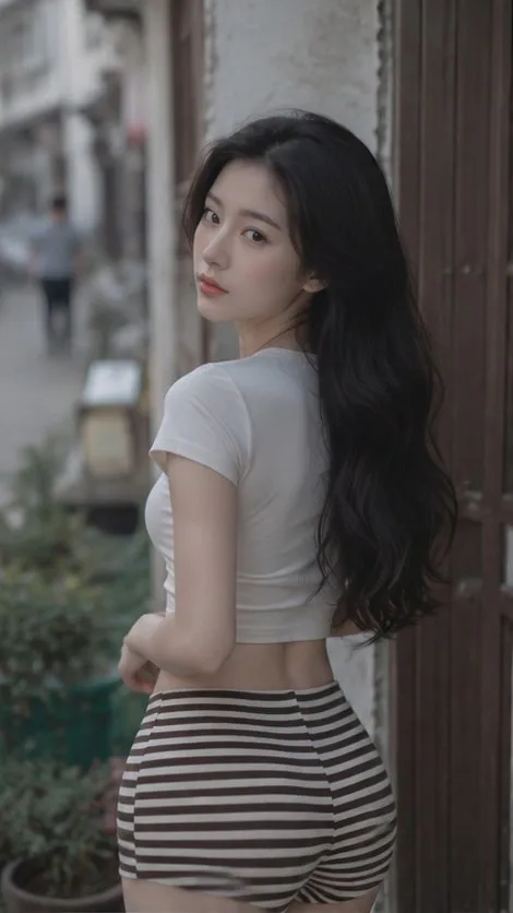 หญิงสาวเอเชียผมดำหันหลังมองในย่านเมืองเก่า 1