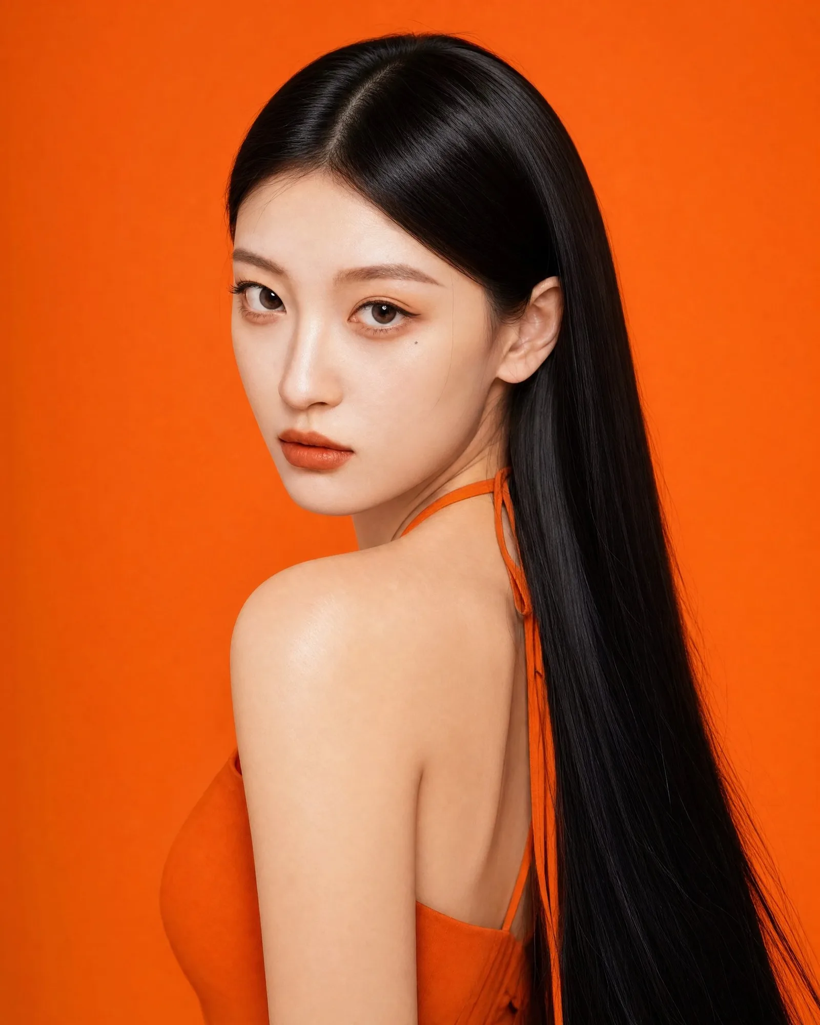 สาวเอเชียชุดผ้าไหมส้ม: ภาพสวยคมชัด 1