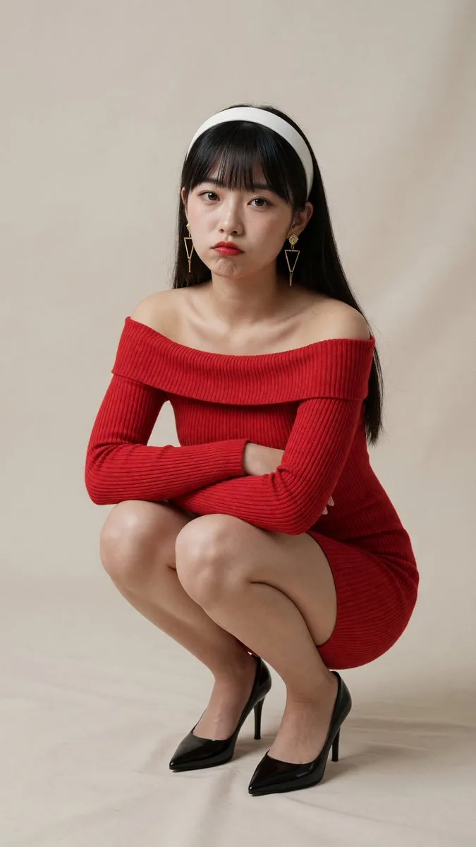 สาวเอเชียในชุดเดรสถักสีแดงสดใส 1