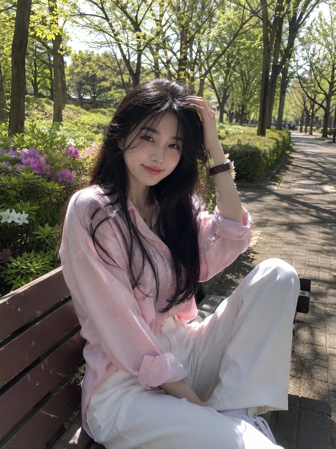 ภาพเหมือนหญิงสาวเอเชียในสวนสาธารณะฤดูใบไม้ผลิ 1