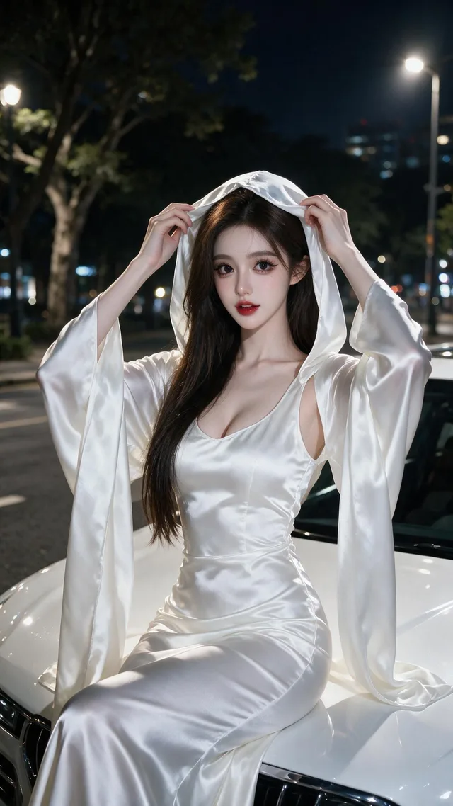 สาวเอเชียในชุดผ้าซาตินขาวกับรถหรูยามค่ำคืน