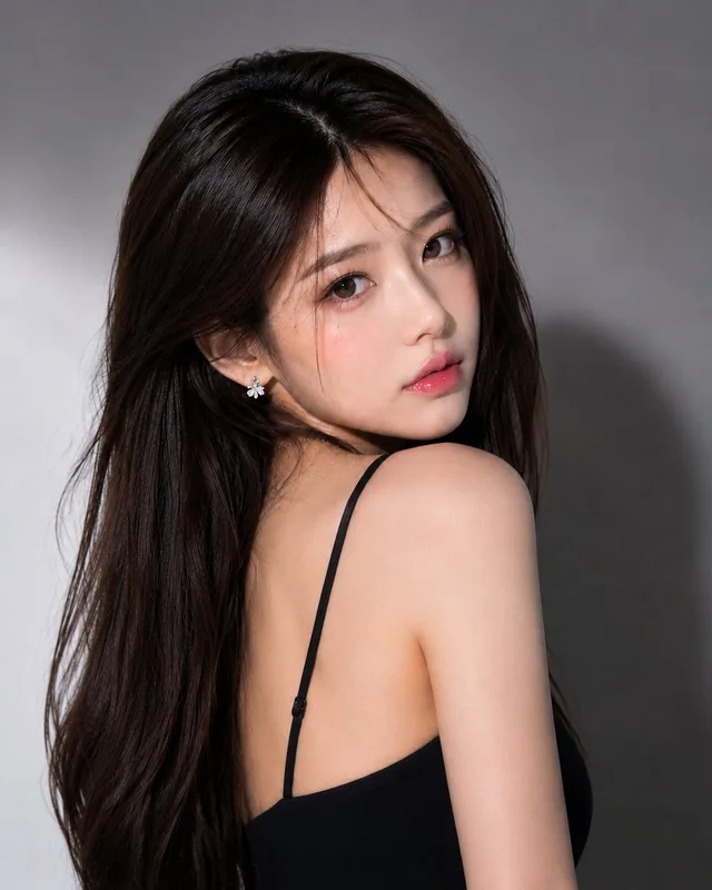 ภาพพอร์เทรตหญิงสาวเอเชียชุดดำหรูหรา สไตล์ Douyin