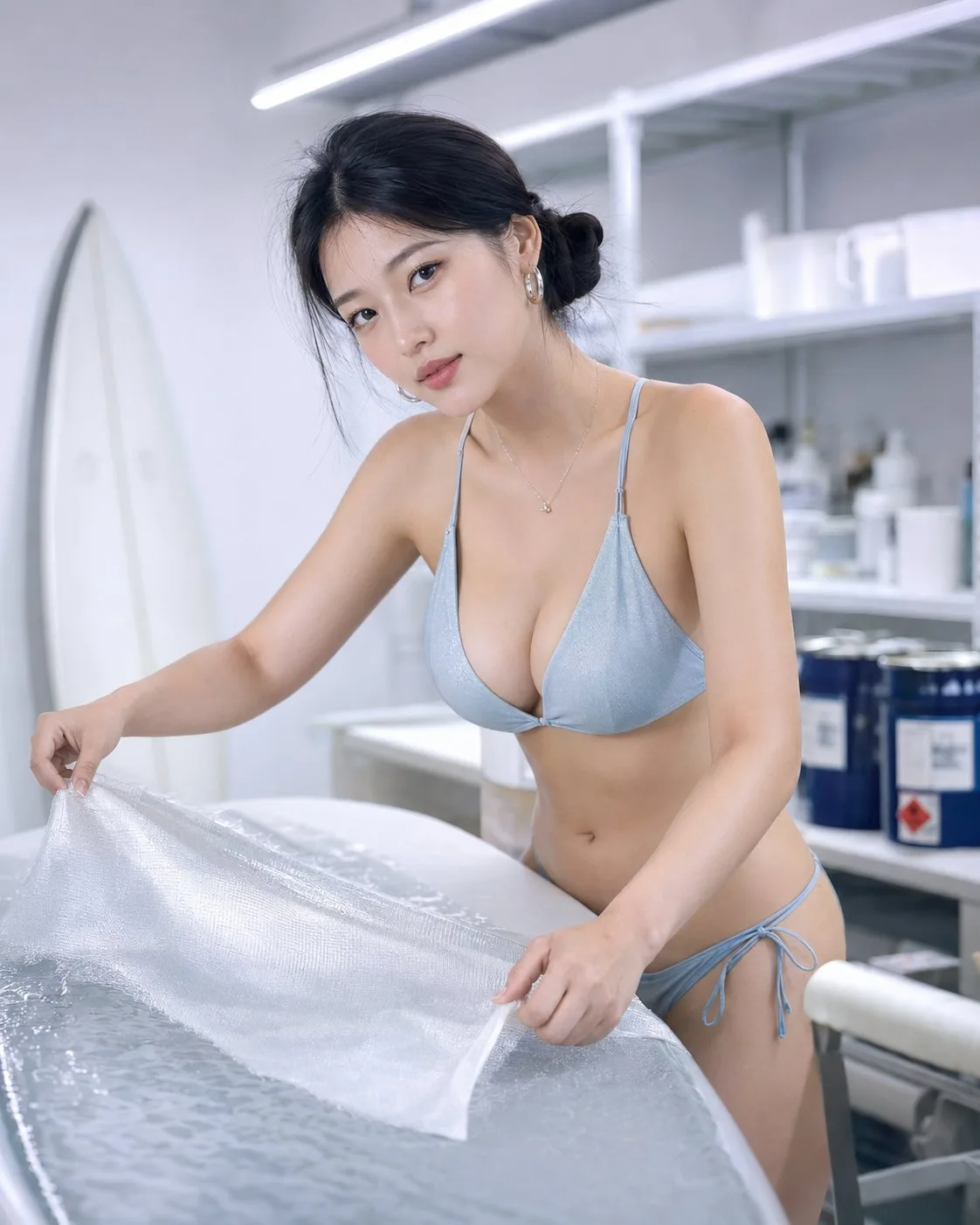 สาวเอเชียในสตูดิโอทำกระดานโต้คลื่น 1