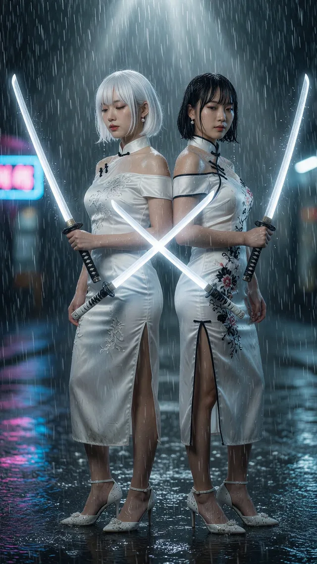 สองสาวเอเชียชุดกี่เพ้า ถือดาบคาตานะเรืองแสงกลางสายฝน