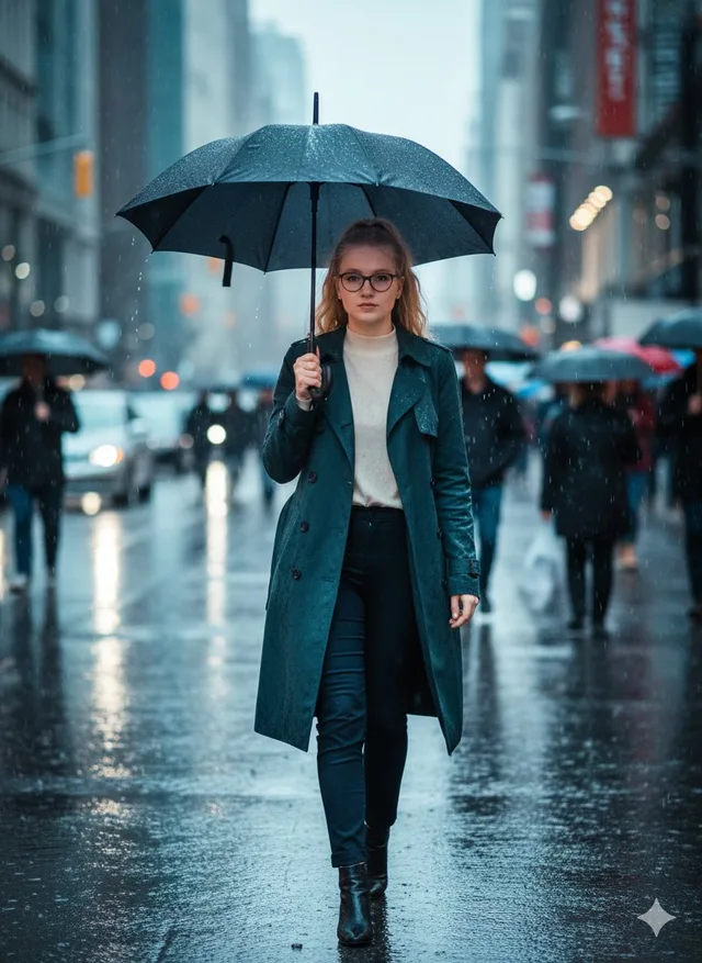 สาวสวยกลางสายฝนพร่างพรายบนถนนเมือง